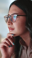 Aufkleber - Woman, typing and thinking at startup, night and admin with perspective for project at media company. Person, writer and editor with computer, decision and review for article with research at agency