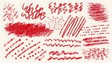 Expressive abstract composition featuring bold vibrant red crayon strokes lines and scribbles in a variety of styles and patterns against a clean white background