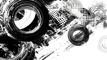 Fototapete - Monochrome abstract image featuring a dynamic and textured composition of tire tread patterns grunge halftone streaks and distorted graphic elements