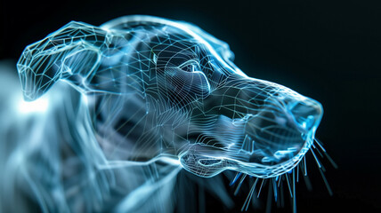 Aufkleber - This glowing hologram dog floats in dark space, offering a realistic digital companion.