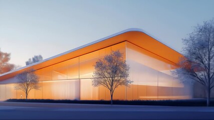 Aufkleber - ガラス張りの現代建築物の外観 オレンジ色の屋根と木々の背景にミニマリストな幾何学的デザインが施された都市景観の夕暮れの風景