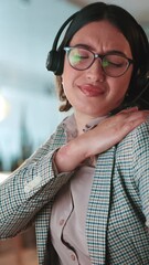 Aufkleber - Office, hurt and woman in call center with back pain, stress or muscle injury with bad posture in night. Uncomfortable, overtime or agent for anatomy with spine inflammation, burnout or scoliosis