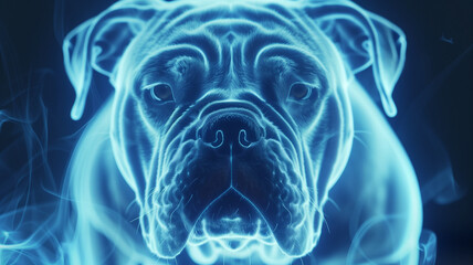 Poster - This glowing, transparent holographic dog floats gently in a dark, futuristic setting.