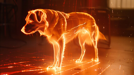 Poster - This glowing holographic dog floats in a sleek, modern environment, showcasing advanced technology.