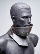 © Loginova - A sleek, modern interpretation of medieval armor, showcasing a polished steel gorget with a wide, angular collar on a gray mannequin bust.