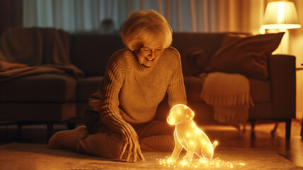 Poster - This elderly woman playfully interacts with a glowing holographic puppy in her cozy home.