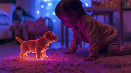 Poster - This glowing holographic puppy captivates a child in a softly lit, ambient environment.