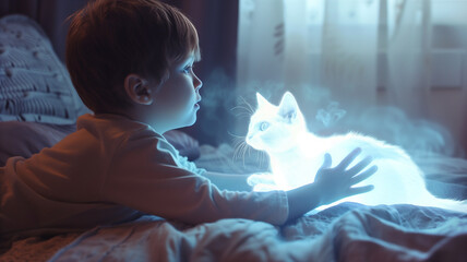 Leinwandbilder - This child plays with a glowing cat hologram in a softly lit bedroom, creating magic.