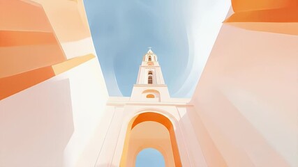 Fototapete - 穏やかな青空とオレンジ色の石造りのアーチ道にそびえ立つ白い教会の塔 ミニマルな背景の美しい幾何学的な建造物