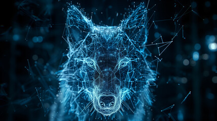 Poster - This glowing translucent wolf drifts in dark space, adorned with neon blue patterns.