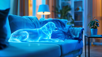 Leinwandbilder - This digital hologram of a dog floats on a couch, glowing softly in a cozy living room.