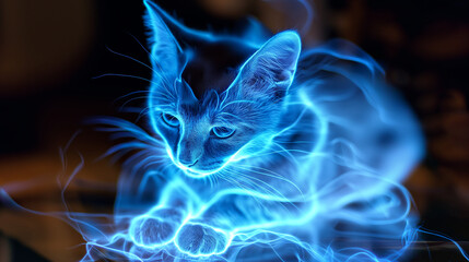 Poster - This digital hologram of a cat glows softly, creating a futuristic pet companion experience.