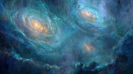 Wall Mural - Artistic depiction of a teal and blue nebula with swirling galaxies and bright yellow centers