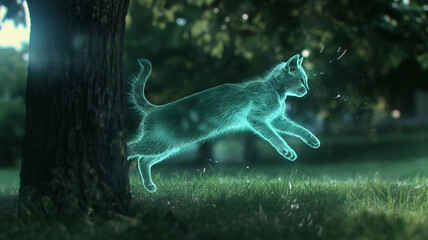 Poster - This floating hologram of a cat playfully leaps in a lush park filled with greenery under a clear sky.