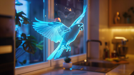 Leinwandbilder - This realistic digital bird projection hovers in a sleek kitchen, glowing softly in neon colors.