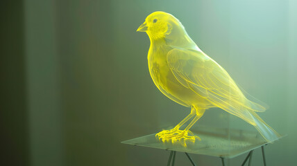 Poster - This holographic projection of a radiant bird floats above a clear base in a dimly lit space.