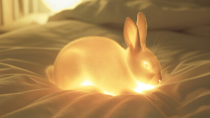 Poster - This glowing rabbit hologram projected softly onto a bed, creating an ambient, futuristic atmosphere.
