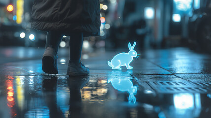 Poster - This person strolls along a rain-slicked street, interacting with a glowing hologram of a rabbit.