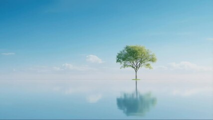 Aufkleber - クリアブルーの空の下に立つ孤独な緑の木、水面に映る反射、静かで平和な風景の3Dレンダリング