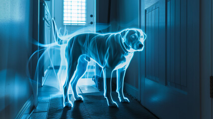 Poster - This glowing dog projection stands in a modern hallway, merging tech with companionship.