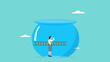 © Vanz Studio - innovation to solve business problem, management or strategy to overcome obstacles in business, businesswoman with ladder preparing to break out of fish aquarium jar prison concept vector illustration