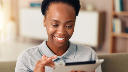 Aufkleber - Freelancer, smile and black woman with tablet in home for ads, campaign or social media management. Technology remote work or happy person in living room for engagement increase, viral post or scroll