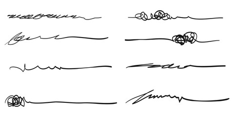 Hand drawn set of underline, curly swishes, swashes, swoops. swirl. Highlight text elements. isolated on white background