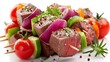 © liliyabatyrova - Juicy pieces of beef are skewered with vibrant vegetables including bell peppers, onions, and cherry tomatoes, showcasing flavors perfect for a summer barbecue