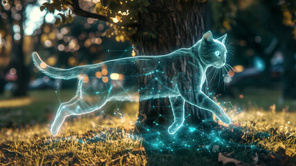 Poster - This glowing, transparent hologram of a cat is playfully moving through a park filled with trees.
