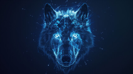 Poster - This glowing holographic wolf head projects in a dark space, showcasing a digital design.