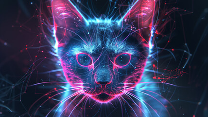 Poster - This digital cat projection glows with vibrant colors and realistic details in a high-tech space.