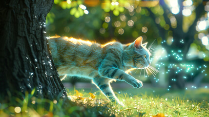 Poster - This holographic cat appears from behind a tree, glowing softly as it walks on the grass.