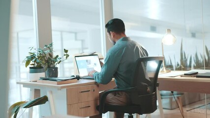 Aufkleber - Documents, laptop screen and typing with business man at desk in office for start of job or work. Computer, finance and paperwork with employee sitting in chair for planning, report or research