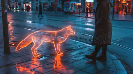 Poster - This person observes a glowing, floating hologram of a fox on a wet city street at night.