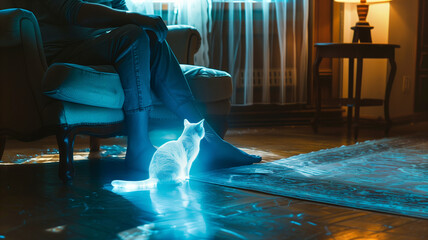 Leinwandbilder - This glowing digital cat projection at someone's feet sets a warm, futuristic home vibe.