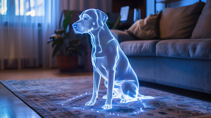 Poster - This transparent, glowing hologram of a dog projects softly on the floor in a cozy living area.