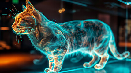 Poster - This interactive hologram of a cat floats in a soft, glowing display, reflecting advanced technology.