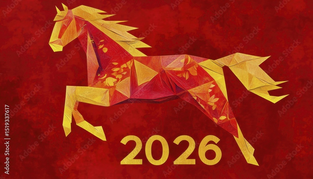 Origami horse design celebrating year of the horse 2026 on a vibrant ...