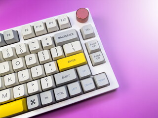 white and gray keyboard for programmer, on a purple background with a red button. high quality photo