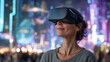 © ALA - Cheery young women lady in VR headset playing online game in virtual reality, driving imaginary car in neon light. Millennial black woman using auto simulator in cyberspace, collage