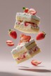 © mirukser - Two pieces of delicious Strawberry shortcake float in the air against a pastel background