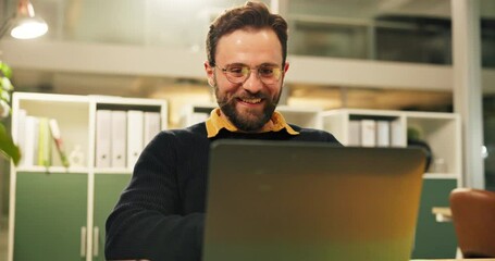 Poster - Business, night and man with laptop, cheering and email with funding approval, bonus and creative. Happy person, web designer and employee in office, pc and excited with victory, success or promotion