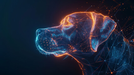 Poster - This realistic, glowing hologram of a dog floats in a dark space, showcasing advanced technology.
