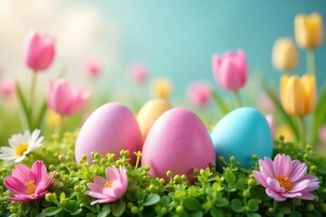 Wall Mural - Vibrant pastel Easter eggs nestled in spring flowers A cheerful springtime scene , sunrise, texture, celebration