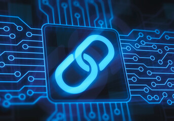 Blockchain web link on a circuit. Digital links on circuit board. Blockchain circuit with network link