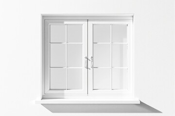 Poster - White closed window on minimalistic white wall with sunlight creating soft shadows.