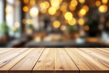 Poster - Wooden table surface with blurred warm bokeh lights in background.