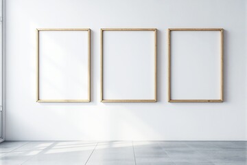 Poster - Three empty wooden frames on a white wall in a minimalist interior.