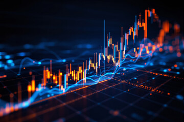 Poster - Financial stock market chart with glowing orange and blue lines on a dark background.