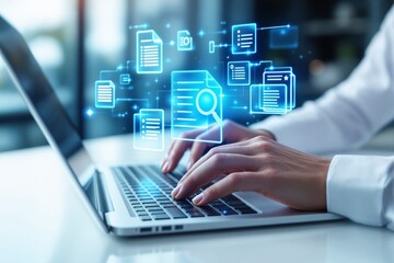 Poster - Digital data management concept with hands typing on a laptop.